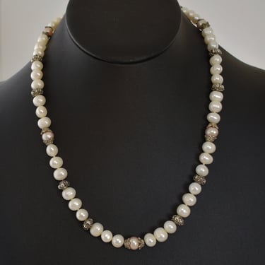 80's sterling pearls edgy elegant necklace, matinee length pink & white pearls 925 silver necklace 