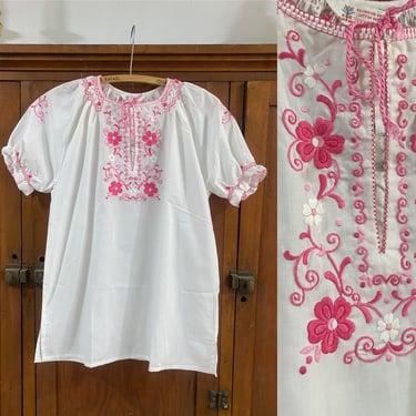 Vintage White Embroidered Pink Floral Romantic Cotton Polyester Smocked Blouse. By Copperhive Vintage. 