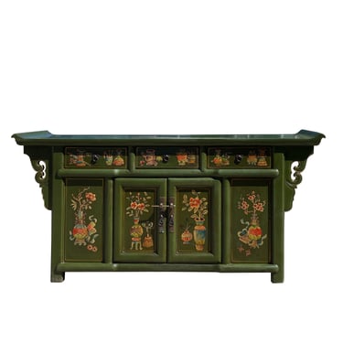 Chinese Distressed Army Green Flowers Graphic TV Console Table Cabinet cs7407E 