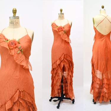 Vintage 00s Y2K Bias Cut Silk Dress Ruffle Beaded Orange Floral Silk Bias Cut Tank Dress Small Medium Asymmetrical by Carles 