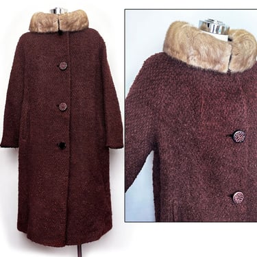 Brown Real Mink Fur Collar Coat Vintage Womens Boucle Wool 1950's, 1960's Chocolate Deep Brown Womens Medium Winter Overcoat Fall Colors 