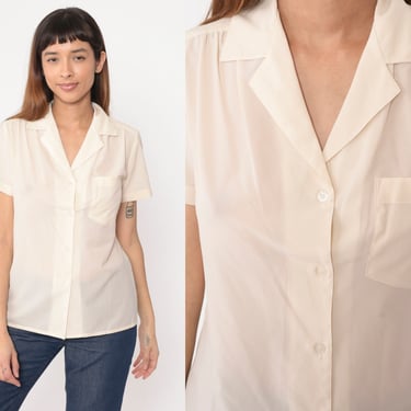 80s Cream Blouse Plain Shirt Short Sleeve Top Off-White Button Up Shirt Collared 1980s Chest Pocket Basic Medium 