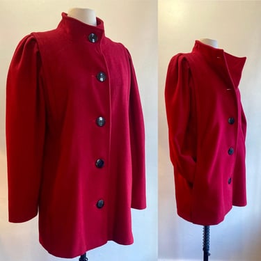 Vintage 80s Wool Coat / DEEP RED / FUNNEL Neck + Pleated Shoulders + Black Buttons + Pockets / Capri 