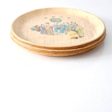 vintage Chinese bamboo plate collection, painted history plate set of 6 