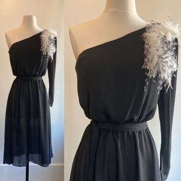 Sexy 70s Vintage ONE SHOULDER Jersey Dress + Marabou FEATHER Accent 