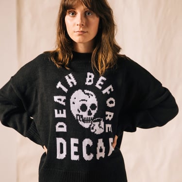 Death Before Decaf Coffee Womens Cozy Knit Sweater | Comfy Sweaters with Sayings | Coffee Lover | Hipster | Skulls | Funny Coffee Shirt 