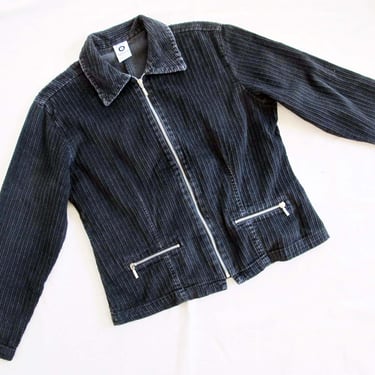 Vintage 90s Black Corduroy Zip Up Jacket Small  - 1990s Grunge Boxy Cord Jacket Silver Metal Zipper 