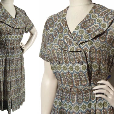Vintage 50s Korell Dress Shirtwaist Cotton Mughal Print M / L 