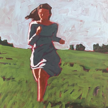 Woman in Field #19 - Original Acrylic Painting on Canvas 16 x 20 - fine art, figurative, green, girl, landscape, michael van, 