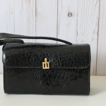 Vintage 1940s 50s  I Magnin California small black real leather / faux alligator print kelly bag purse EUC Handbag 