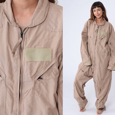 Aramid Flight Suit Military Jumpsuit 80s Army Coveralls Zip Up Boilersuit Boiler Suit Vintage Long Sleeve Tan Khaki Men's 48 L 2xl Long 