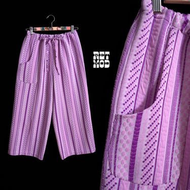 Unique Vintage 60s 70s Purple Textured Stripe Polyester Drawstring Cropped Pants 