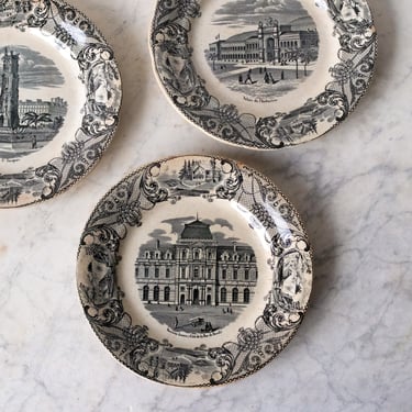 Trio of Black Transferware Plates with Paris Landmarks