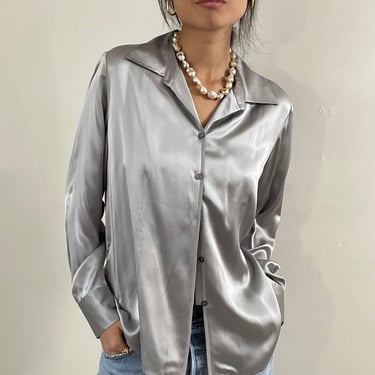 90s silk charmeuse blouse / vintage pearl silk gray liquid silk charmeuse blouse | Extra Large 
