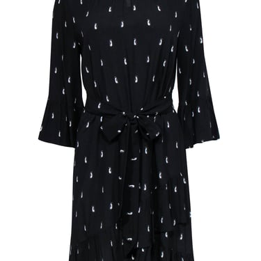Kate Spade - Black Penguin Print Shift Dress w/ Tie Waist & Bell Sleeves Sz M