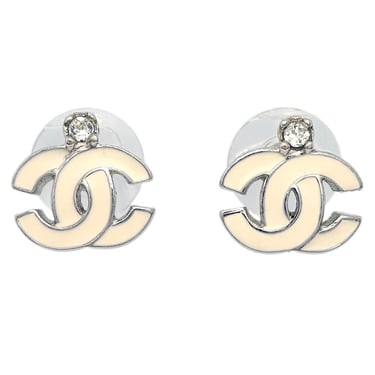 Chanel CC Piercing Earrings Silver Rhinestone 05C