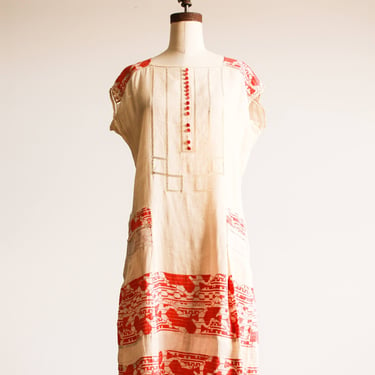 1920s Coral Embroidered Linen Dress 