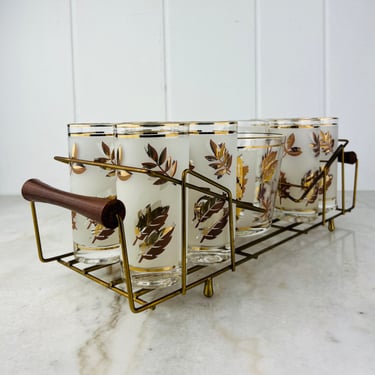 Vintage Dominion Glass set of 8 with caddy and ice bucket, tall, gold leaf, frosted, for cocktails, highballs, mid century home decor, gift 