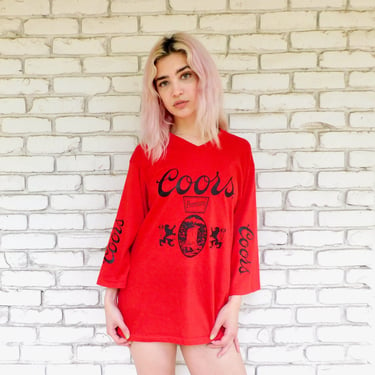 Coors USA Shirt // vintage 70s boho red long sleeve waterfall tee t-shirt t dress tunic beer Coors' cotton 80s // O/S 