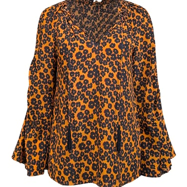 Kobi Halperin - Orange w/ Black Floral Print Silk Blouse Sz S