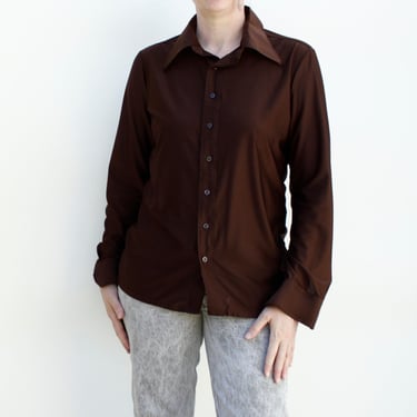 Vintage 70s Long Sleeved Nylon Button Down Shirt - Brown - Monsieur BonHomme 