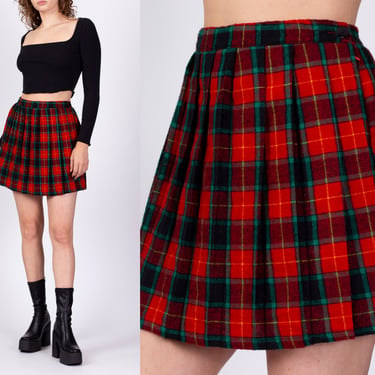 90s Red Plaid Mini Wrap Skirt - Small | Vintage High Waist Preppy Schoolgirl Knit Pleated Miniskirt 