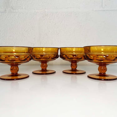 Vintage Amber Kings Crown Coupe Glasses Goblets Mount Vernon Thumbprint Set of 4 Sherbert Dessert Indiana Glass Orange Yellow 1960s 1970s 