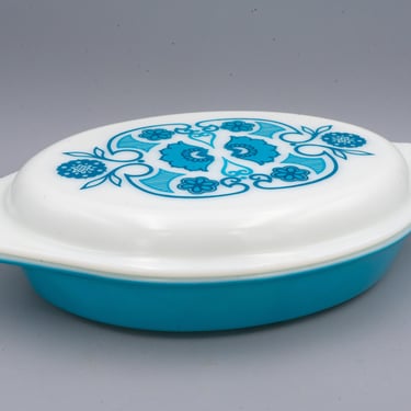 Oval Divided Dish, Pyrex Horizon Blue with Lid 063 | Vintage White Opal Two Part Casserole Collectible Kitchenware 