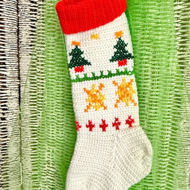 Chunky Knit Christmas Stocking, Crewel Yarn Embroidery, Hand Made, Kitschy, Kris Kringle, Vintage Holiday 