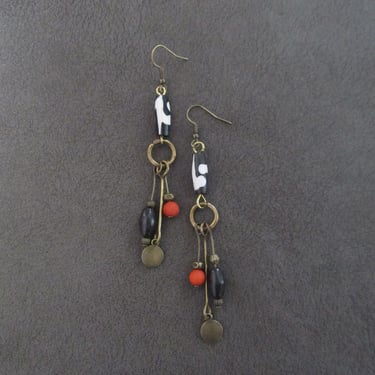 Long batik bone earrings, unique dangle earrings, orange 