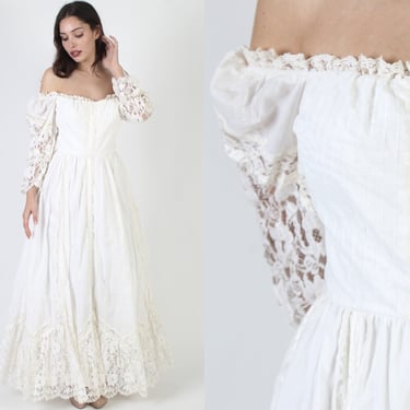 Full Length Pintuck Wedding Gown, Vintage 70s Victorian Style Crochet Sleeves, Romantic Floor Length Bridesmaids Dress 