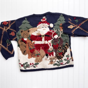 Christmas sweater 90s vintage Eagle's Eye Santa forest animals hand knit cardigan 