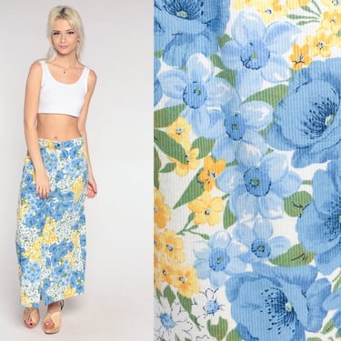 90s Floral Skirt Blue Wrap Maxi Skirt Boho Skirt Flower Print 1990s Long Vintage Hippie Summer Yellow Festival Medium Large 