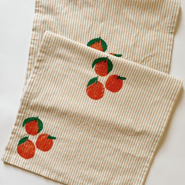hand block printed table runner. clementines on stripe. boho decor. hostess or housewarming gift. cherry tomatoes berry bowl. 