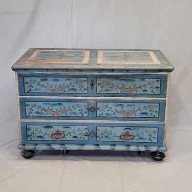 Antique 19th Century Scandinavian Blanket Chest With Drawer and Original Blue Paint