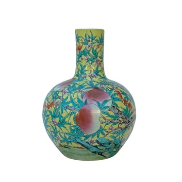 Vintage Chinese Porcelain Yellow Base Flower Peaches Fat Body Vase ws2480E 