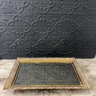 Rectangle mirror tray with brass and cream filligree