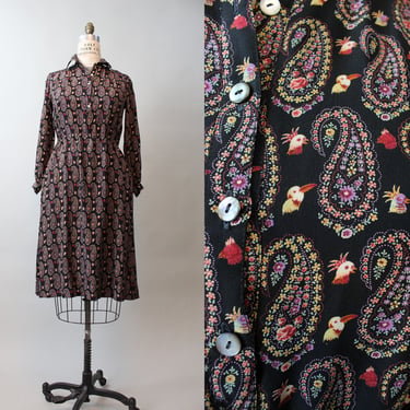 1970s HANAE MORI bird print novelty dress small medium | new fall 