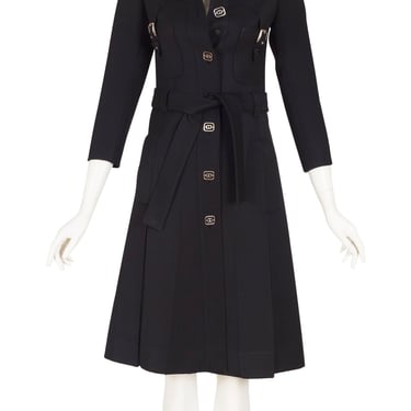 Louis Féraud Haute Couture 1970s Vintage Black Wool Gabardine Pleated Belted Coat Sz XXS 