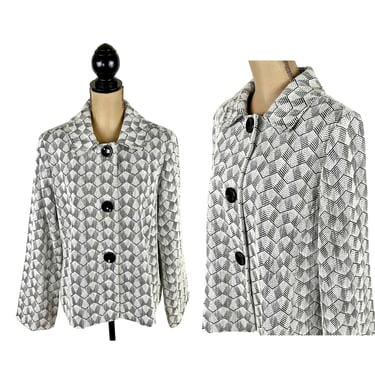 L 90s Y2K Geometric Tapestry Jacket Large Short Swing Coat Gray & White Herringbone Cotton Blend Clothes Women Vintage JM COLLECTION Size 14 