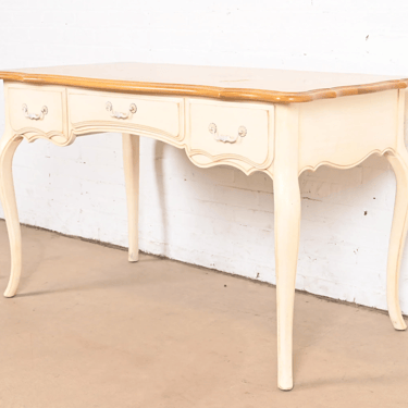 Ethan Allen French Provincial Louis XV Cream Lacquered Maple Top Writing Desk