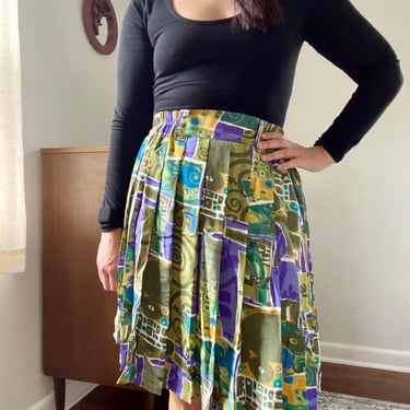 Vintage Abstract Purple and Green Silky Pleated Swing Skirt with Belt Loops 