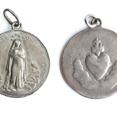 19th Century Antique Vachette Sterling Silver Saint Mary Immaculate Conception Sacred Heart Religious Necklace Pendant - 14g 