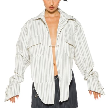 V CUT SAFETY PIN BLOUSE IN WHITE PIN STRIPE SUITING