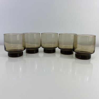 Vintage Libbey Glass TAWNY ACCENT Smoky Brown 9oz Old Fashion Glass Set of 5, MCM Barware Drinking Glass, Pedestal Tumblers, Stackable Glass 