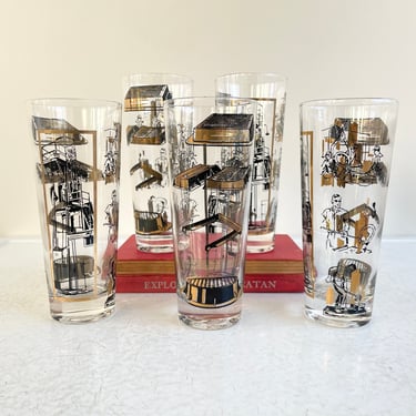 Set of 5 Vintage Mid Century Steel Industry Beer Pilsner Glasses; Gold and Black Glasses,MCM Barware 