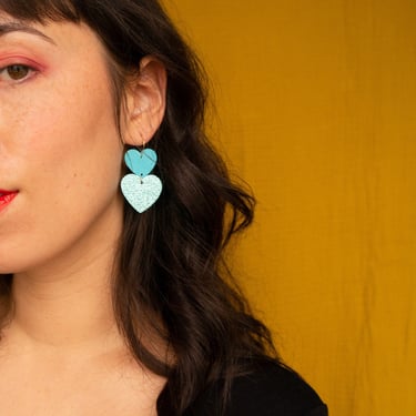 Sparkling Sweethearts Earrings in Blue + Turquoise - Reclaimed Leather Statement Valentine Earrings 