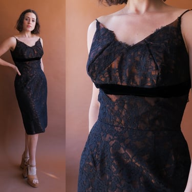 Vintage 50s Copper and Black Lace Cocktail Dress/ Size Small 27 