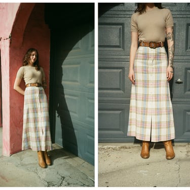 Vintage 1970s 70s Silk Mix Baby Pastel Plaid High Waisted Button Up Maxi Skirt w/ Bakerlite Buttons 