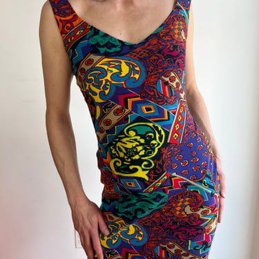 80’s Betsey Johnson Punk Label Jester Renaissance Print Cotton Lycra Bodycon Mini Dress